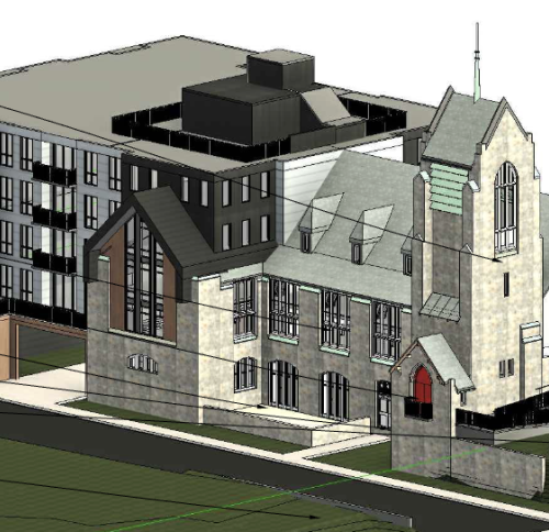 Rendering of multifamily housing complex behind Washington Street Church