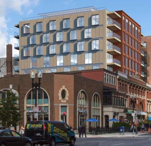Rendering of the new residential building on top of residential buildings on Bolyston Street