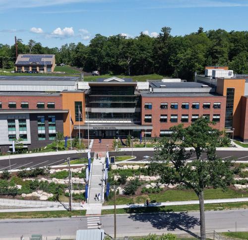 Aerial view of the front facade of Burlington High School (BHS)