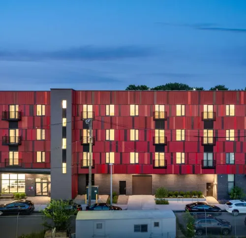 Aerial view of Brookley Flats at night.