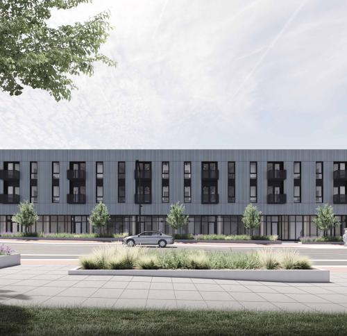 A rendering of a modern, three-story apartment building featuring gray vertical siding, multiple balconies, and large ground-floor windows.