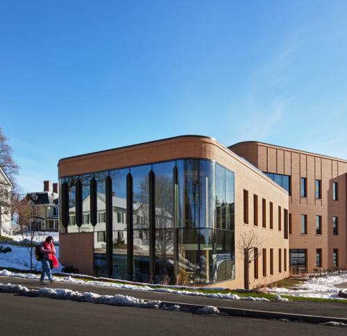 Streetview of Kathleen McCartney Hall at Smith College in the snow.