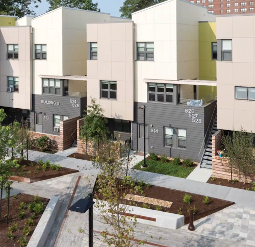 Drone shot of inner courtyard of Jefferson Park Federal housing project