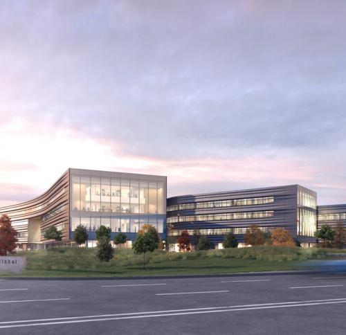 Rendering of a parking lot view of the Norwood R&D Center.