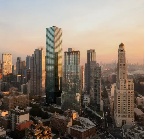 Aerial view of skyline including the rendering of the tower