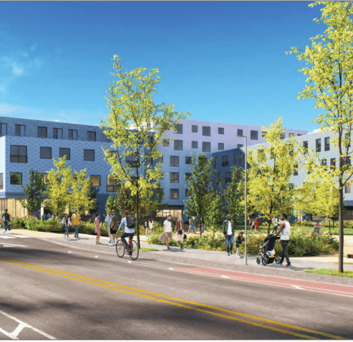 Modern mixed-use multifamily building rendering featuring high-performance passive house design, urban streetscape, and landscaped public spaces