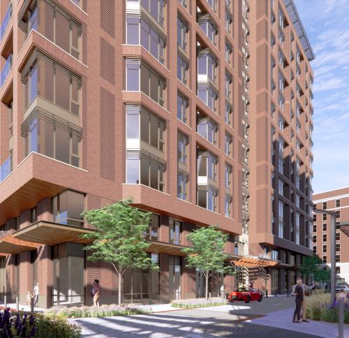 Digital rendering of The Coolidge Residence at Brookline residential tower from across the street