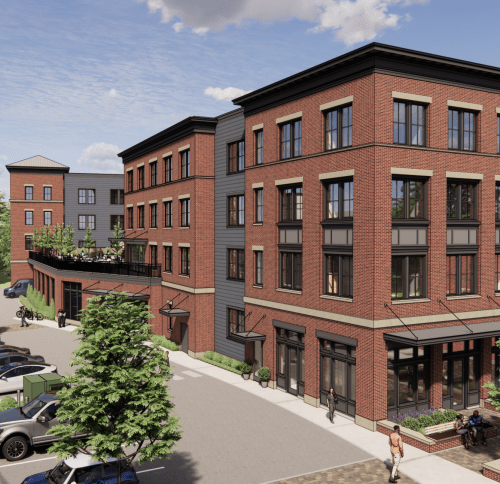 Architectural rendering of the proposed Waterfield Lot Winchester affordable multifamily residential development, showing the five-story building from a street-level perspective.