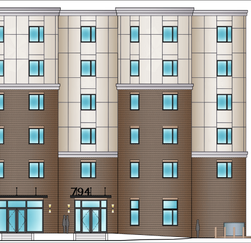 Architectural rendering of Clinton Square Studios, a six-story multifamily building in Albany, New York.