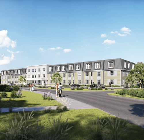 Architectural rendering of NEHD Danvers – The Riverbank, a three-story senior multifamily housing development in Danvers, Massachusetts.