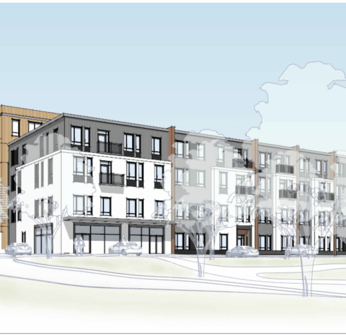 Architectural rendering of the proposed six-story mixed-use residential development at 331 Concord Avenue in Lexington, Massachusetts, showing the building façade, landscaping, and streetscape.