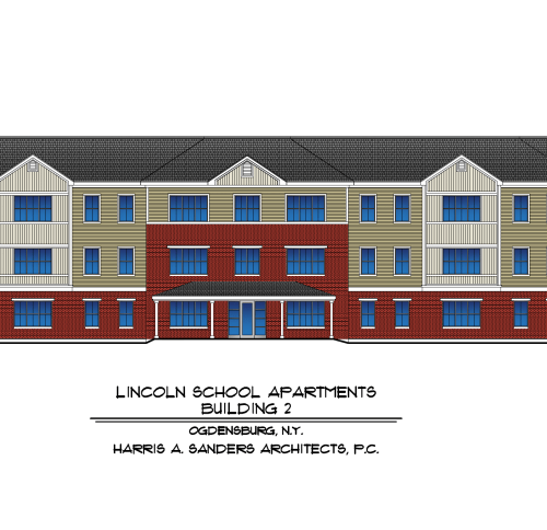 Colored architectural front elevation of Lincoln School Apartments Building 2, showing a three-story multifamily building with brick and siding façades.