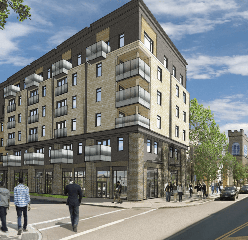 Architectural rendering of The Nest, a six-story affordable multifamily building in Niagara Falls, shown from the street with brick façades, balconies, and ground-floor entrances.