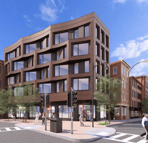 Architectural rendering of the proposed 12-unit mixed-use multifamily development at 155 Charles Street in Boston, featuring contemporary residential buildings with ground-floor commercial space and a high-performance Passive House design.