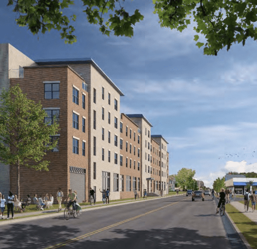 Architectural rendering of the proposed High Street mixed-income multifamily residential development in Lynn, Massachusetts, featuring two mid-rise apartment buildings with ground-floor amenities and streetscape improvements.