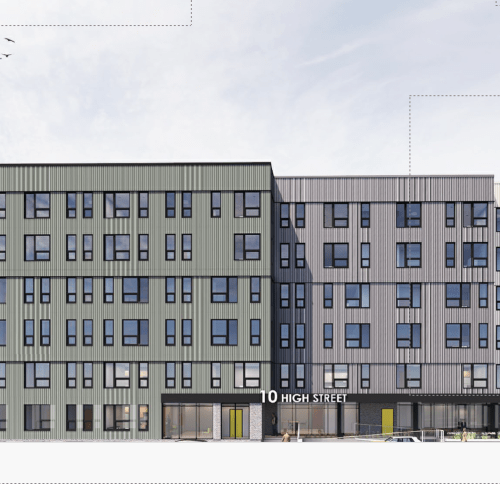 Architectural rendering of the proposed High Street multifamily residential development in Lynn, Massachusetts, showing two mid-rise apartment buildings with ground-floor commercial space and streetscape improvements.
