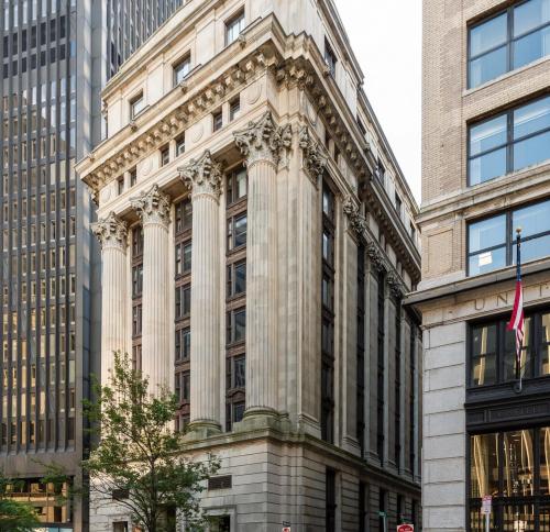 Exterior view of the upgraded court hosue facade.