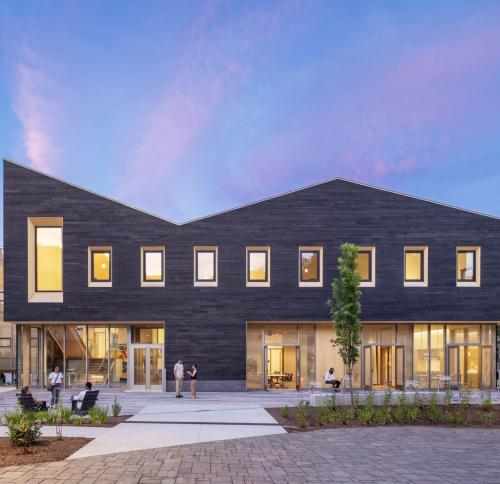 The Davis Center at Williams College as seen at sunset
