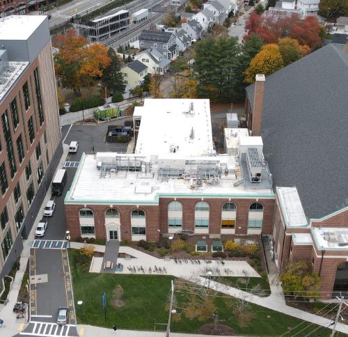 Birds eye view of Tufts Halligan Hall.