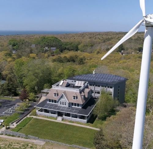 Aerial shot of Gilman Ordway research building at Woods Hole Oceanographic Institute