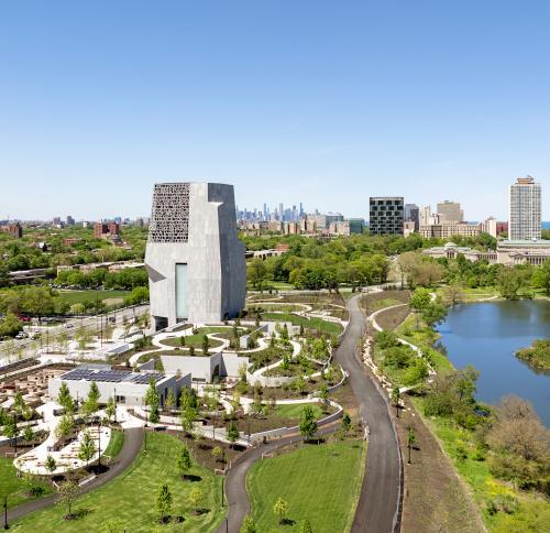 Drone shot of the Obama Center campus in Chicago.