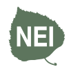 Dark green leaf with white text that says "NEI"
